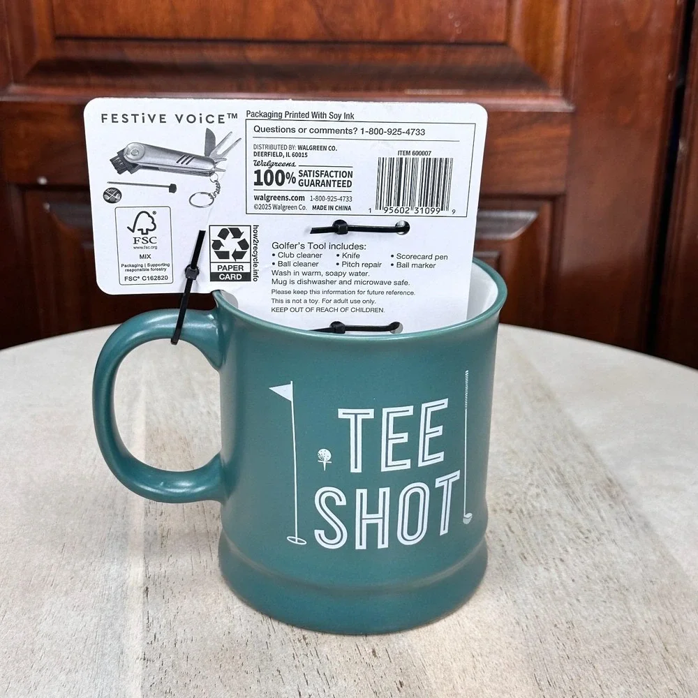 Tee Shot Golf Mug With 6-in-1 Divot Tool Festive Voice Green 12 oz New